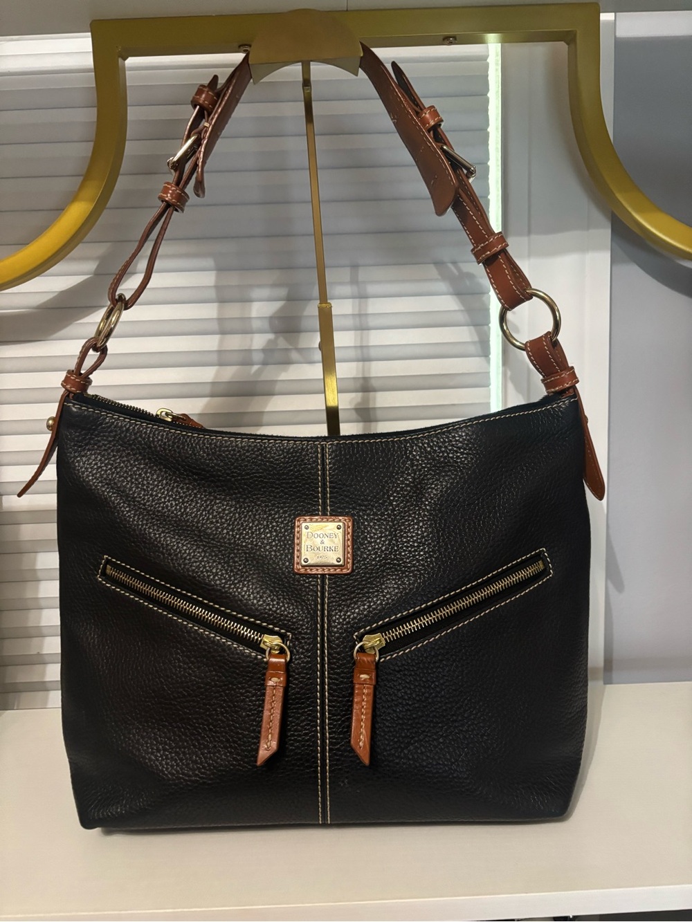 Dooney & Bourke Leather Shoulder Bag with Tan Trim